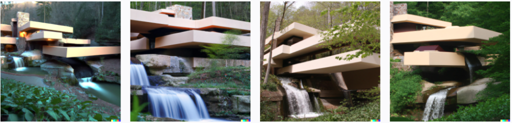 Options for Frank Lloyd Wrights's Falling waters generated by Dall-E