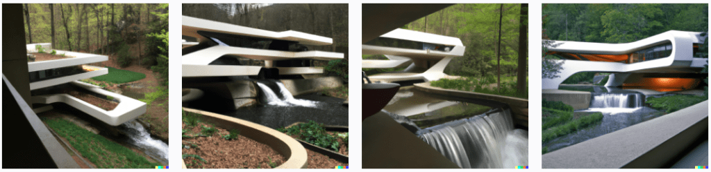 Options for Frank Lloyd Wrights's Falling waters generated by Dall-E, but replacing the Keyword of "Frank Lloyd Wright" with "Zaha Hadid"