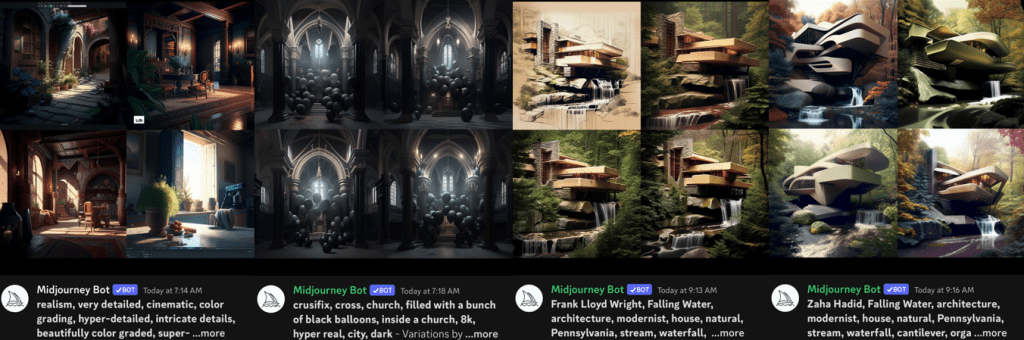 Options for Frank Lloyd Wrights's Falling waters generated by Midjourney, along with AI generated images of a version where the Keywords were replaced with Zaha Hadid instead of Frank Lloyd Wright
